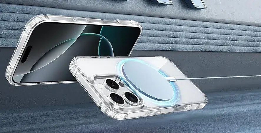 Transparent phone case with MagSafe compatibility.