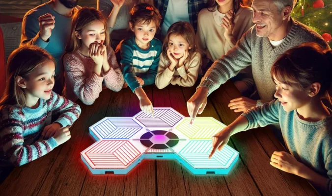 Family playing fun interactive light game.
