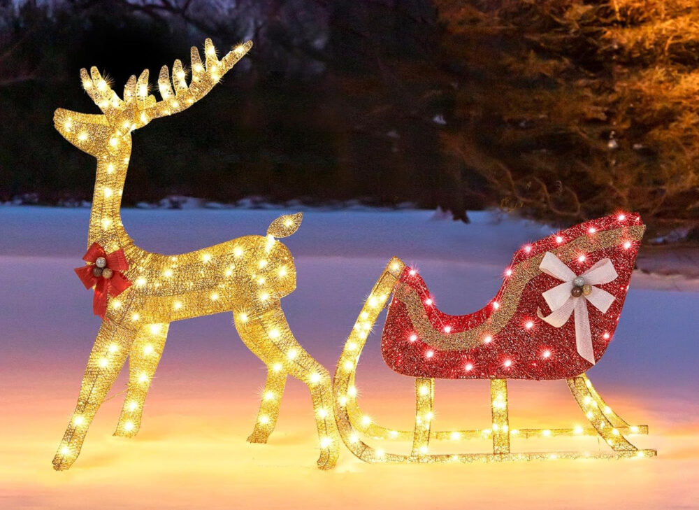 yaheetech 4ft lighted christmas reindeer & santa sleigh se