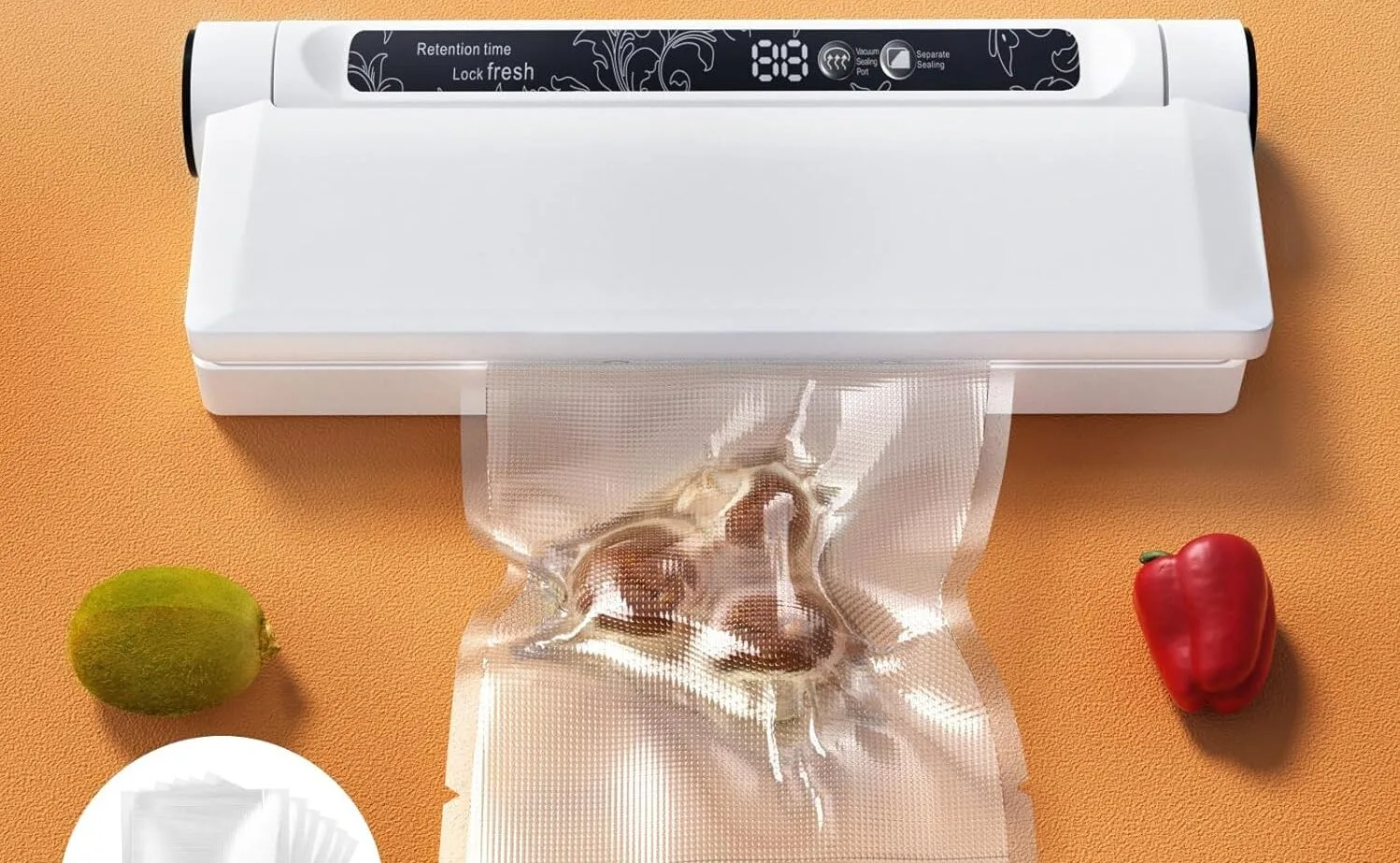 Vacuum sealer with 20 free bags for packaging.
