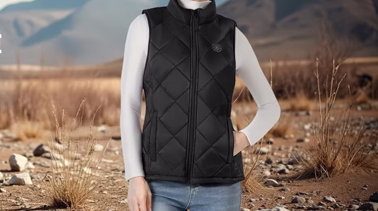 Women's heated vest for customized warmth in cold settings.