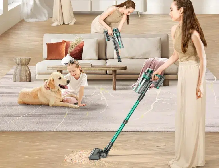 Woman vacuuming living room, child with dog nearby.