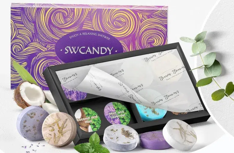 Colorful shower steamers gift set with natural ingredients.