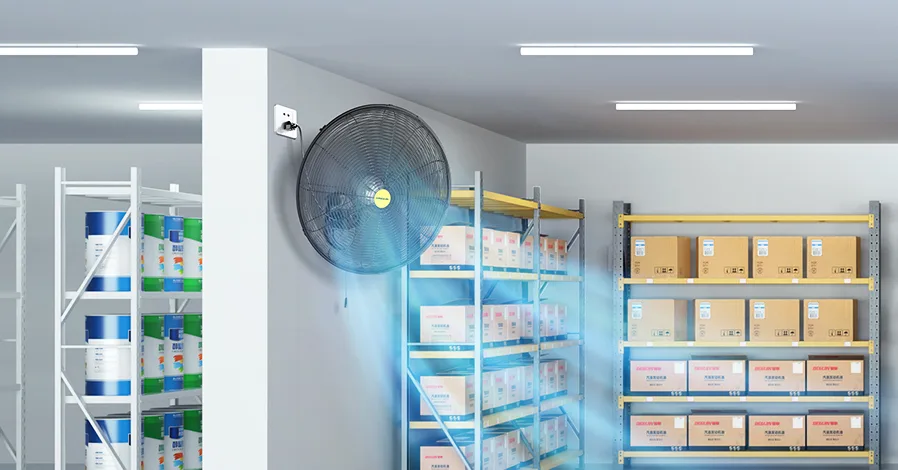 Warehouse shelves with fan for ventilation and boxes.