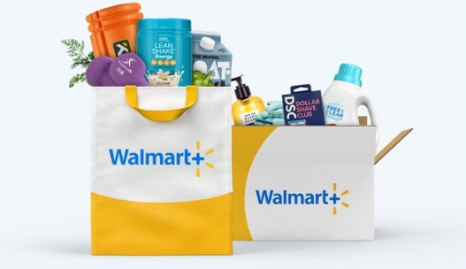 Walmart+ grocery delivery with various products displayed.