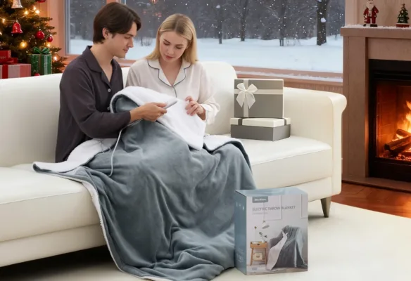 Couple using electric blanket in cozy living room.