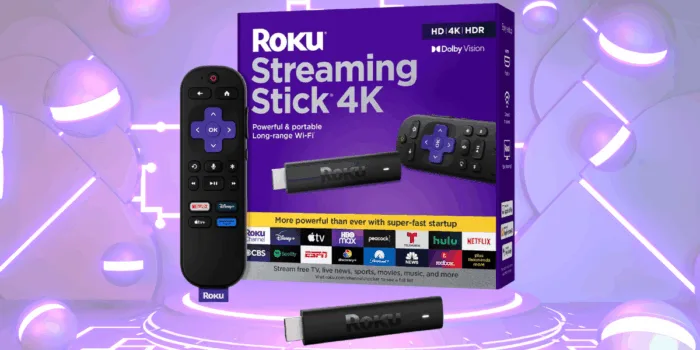 Roku Streaming Stick 4K with remote, app icons displayed.