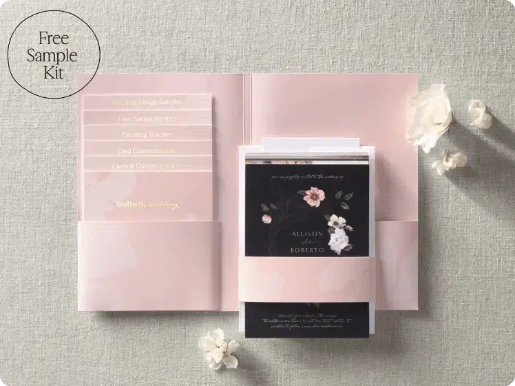 Wedding sample kit with elegant floral designs.
