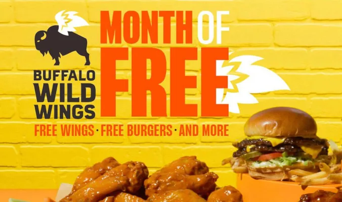 Buffalo Wild Wings free wings and burgers promotion.