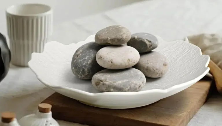Stacked stones on decorative plate, wooden table background.