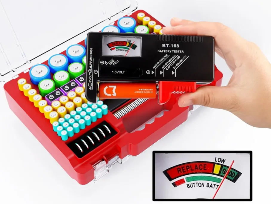Battery tester in use with colorful battery case.