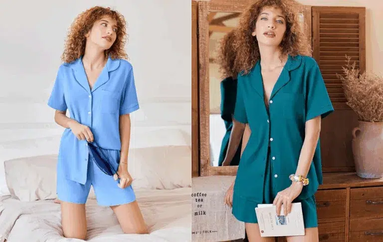 Woman in pajama set posing indoors.