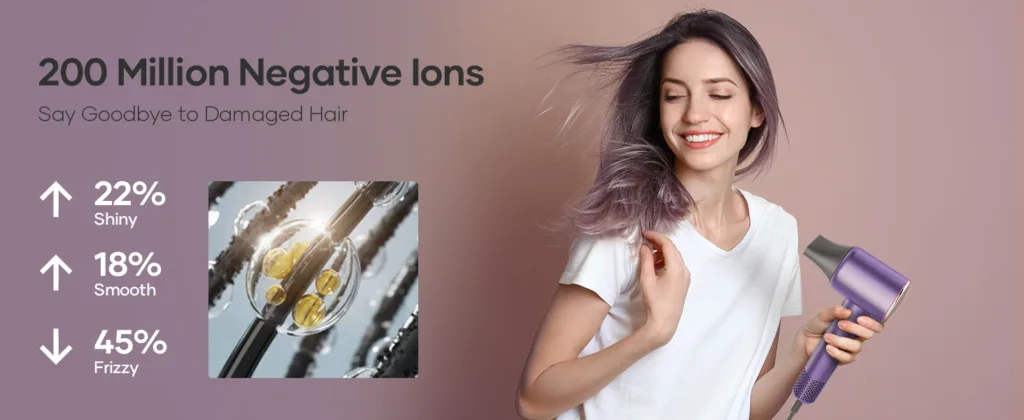 Woman using hair dryer for shiny, smooth hair.