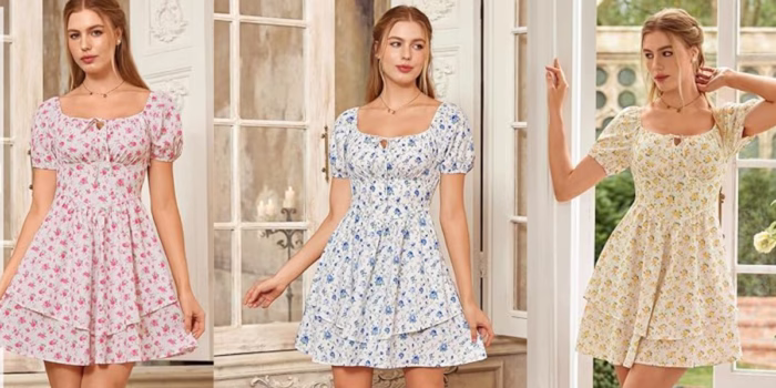 Three floral print dresses in different colors.