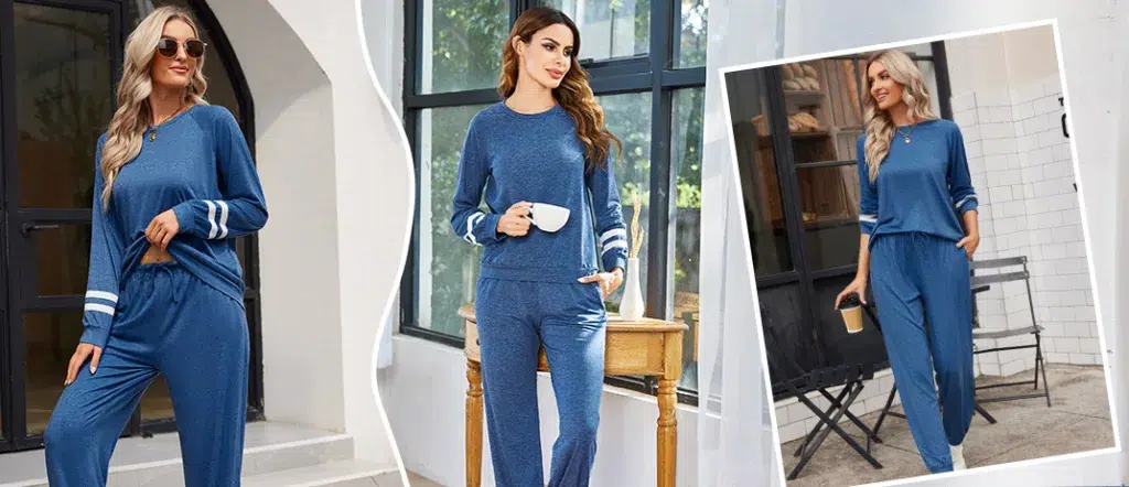 Women in stylish blue lounge sets.