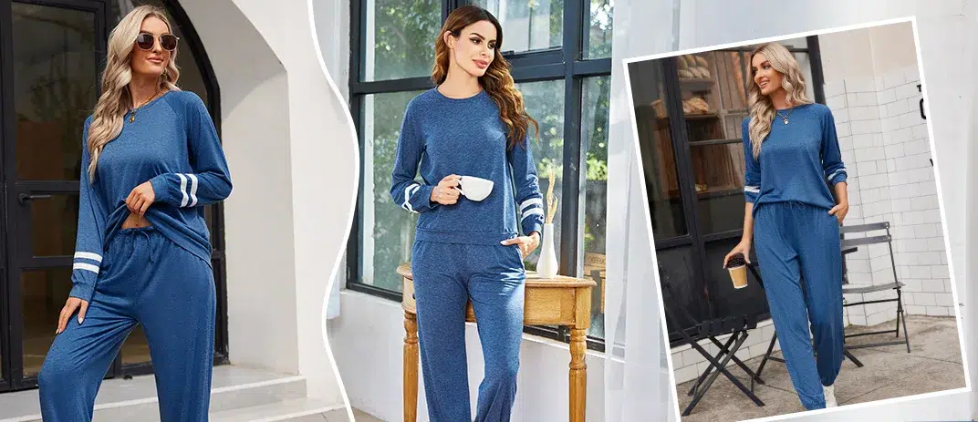 Women in stylish blue lounge sets.