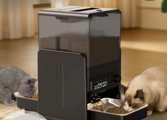 Two cats eating from automatic pet feeder.