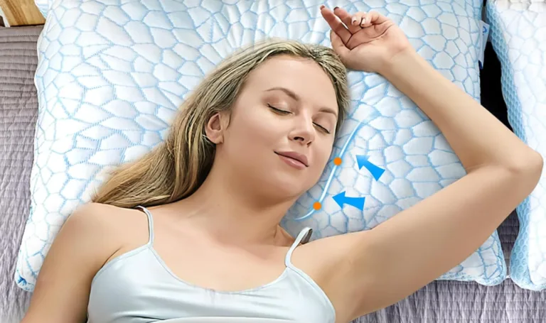 Woman sleeping on cooling gel pillow comfortably.