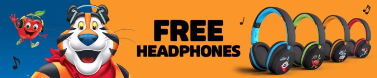 Free headphones promotion with cartoon characters.