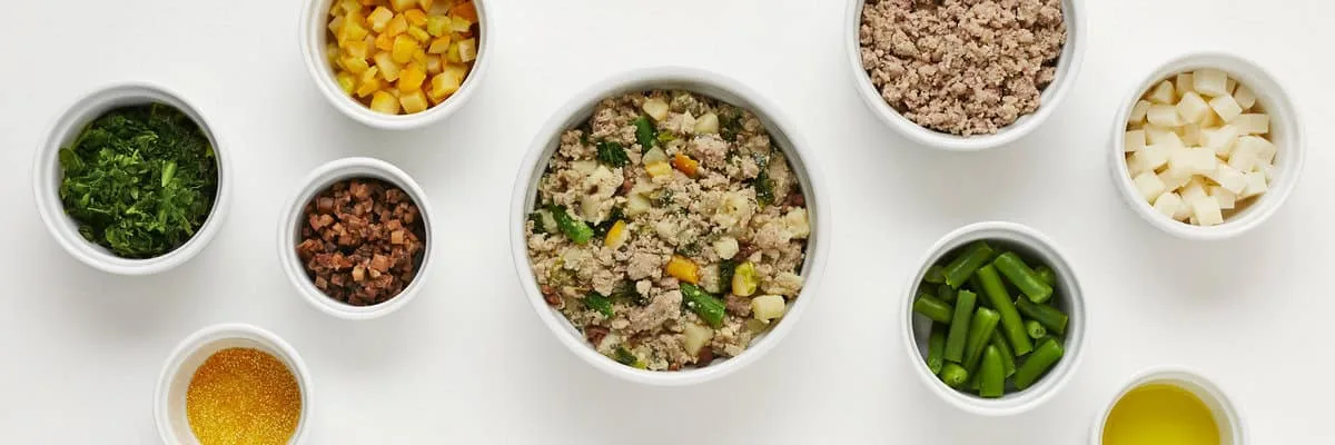 Ingredients for a healthy dog meal in bowls.