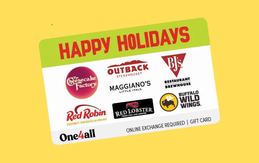 Holiday gift card with restaurant logos.