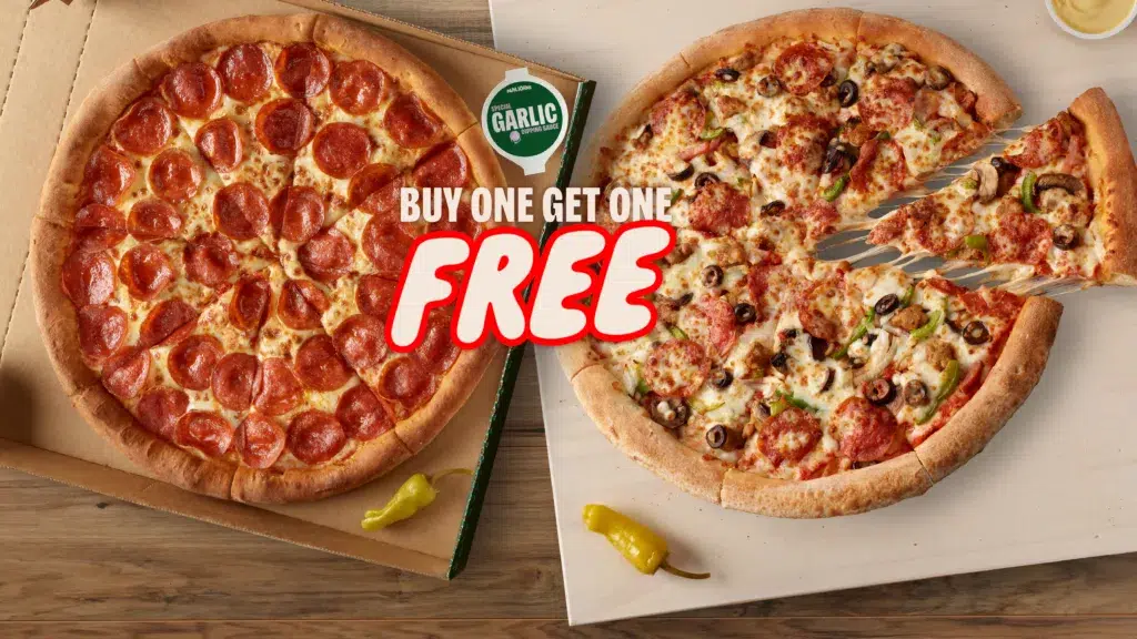Two pizzas with buy one, get one free offer.