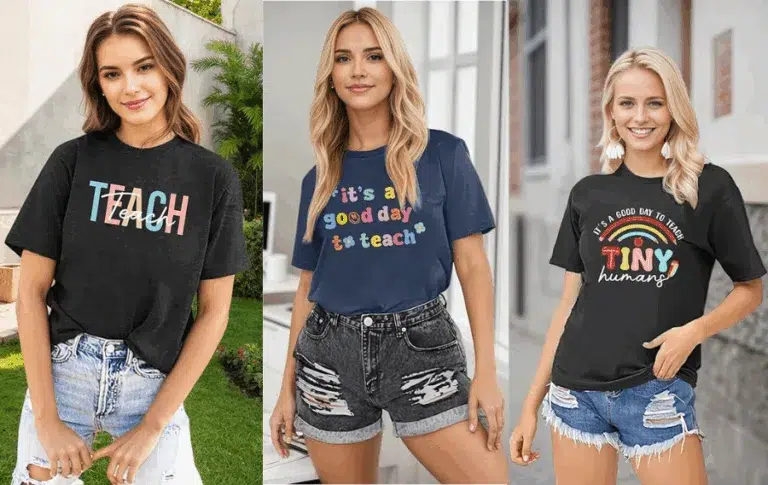 Women wearing teacher-themed graphic t-shirts