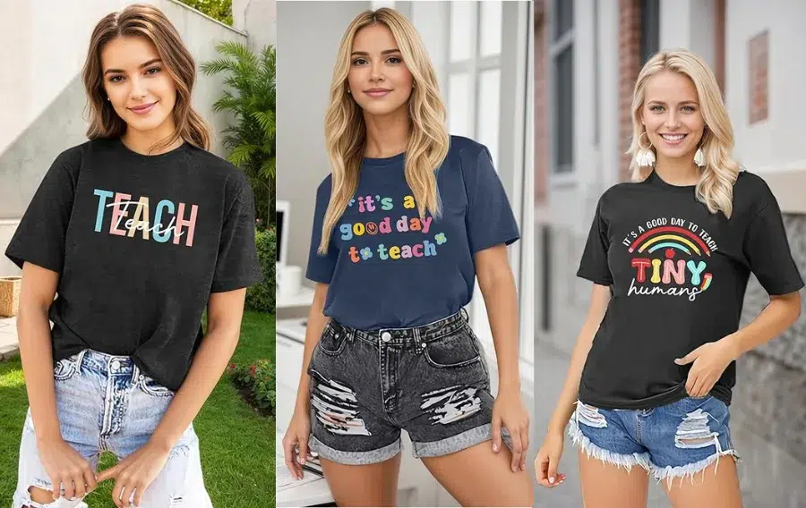 Women wearing teacher-themed graphic t-shirts