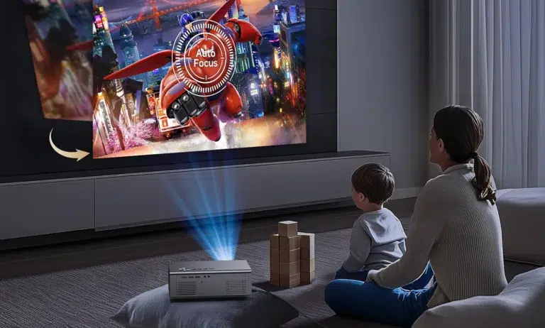 Mother and child watching projector movie at home.