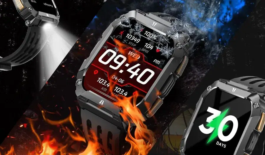 Smartwatch with rugged design and fiery graphics.