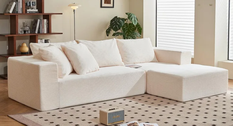 Modern living room with white sofa and decor.