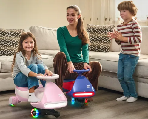 Family playing on colorful ride-on toys indoors.