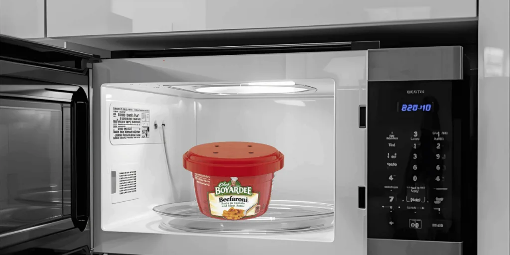 Chef Boyardee container inside a microwave.