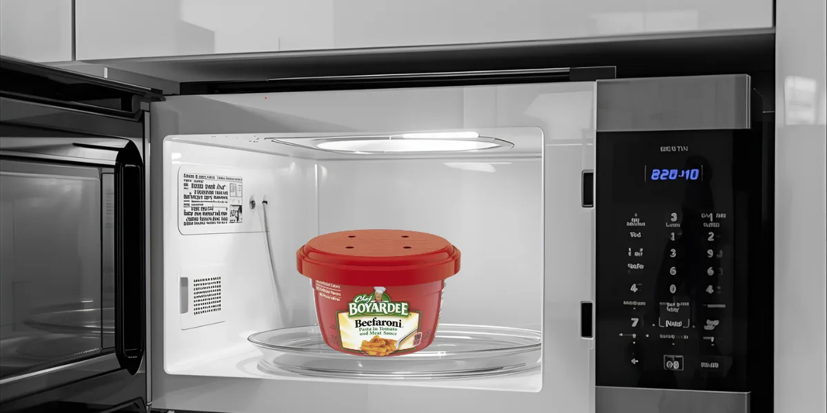 Chef Boyardee container inside a microwave.