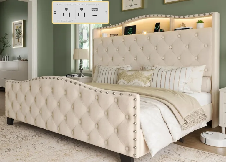 Elegant bed with padded headboard and built-in outlets.
