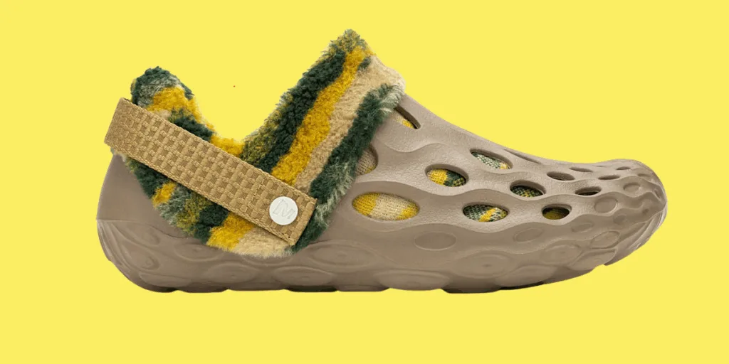 Tan clog with fuzzy green-yellow lining