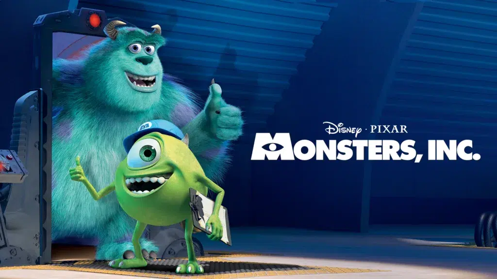 Disney Pixar Monsters Inc characters pose in factory.