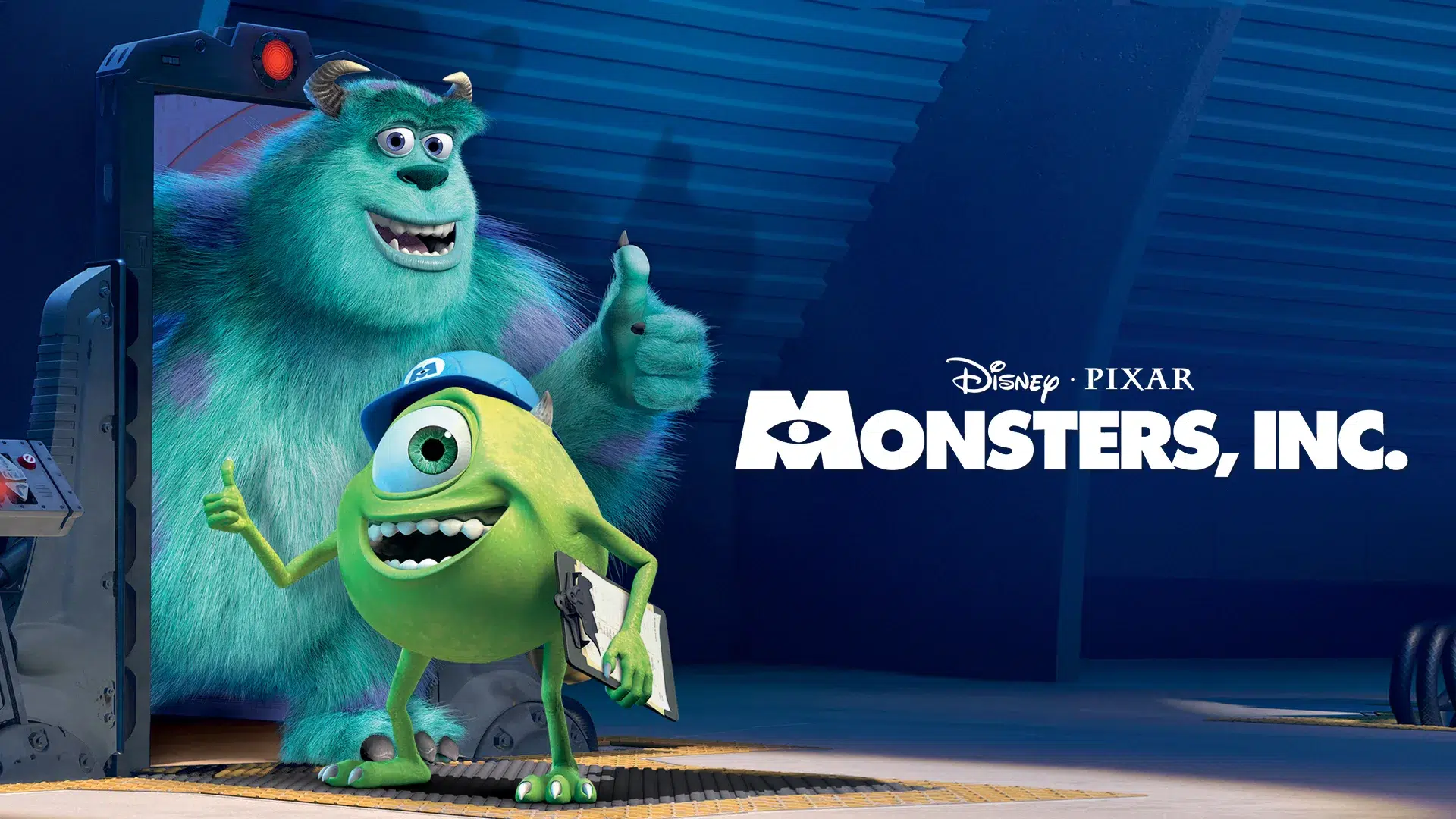 Disney Pixar Monsters Inc characters pose in factory.