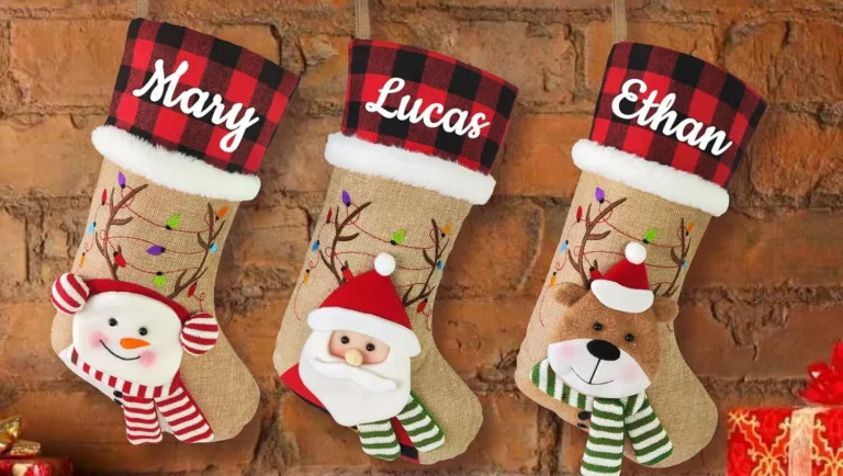 Christmas stockings with festive designs hanging.