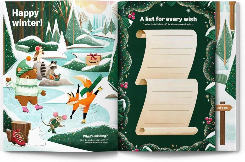 Winter scene with animals and holiday wishlist.