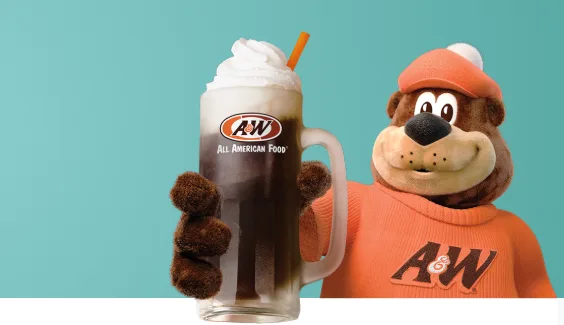 A&W bear holding mug of root beer float.