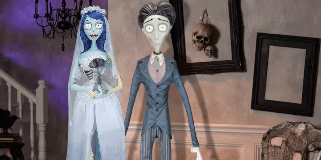 Animated couple in a spooky room with skulls.