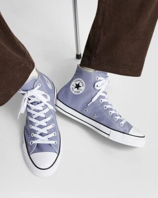 Blue high-top sneakers on person wearing brown pants.