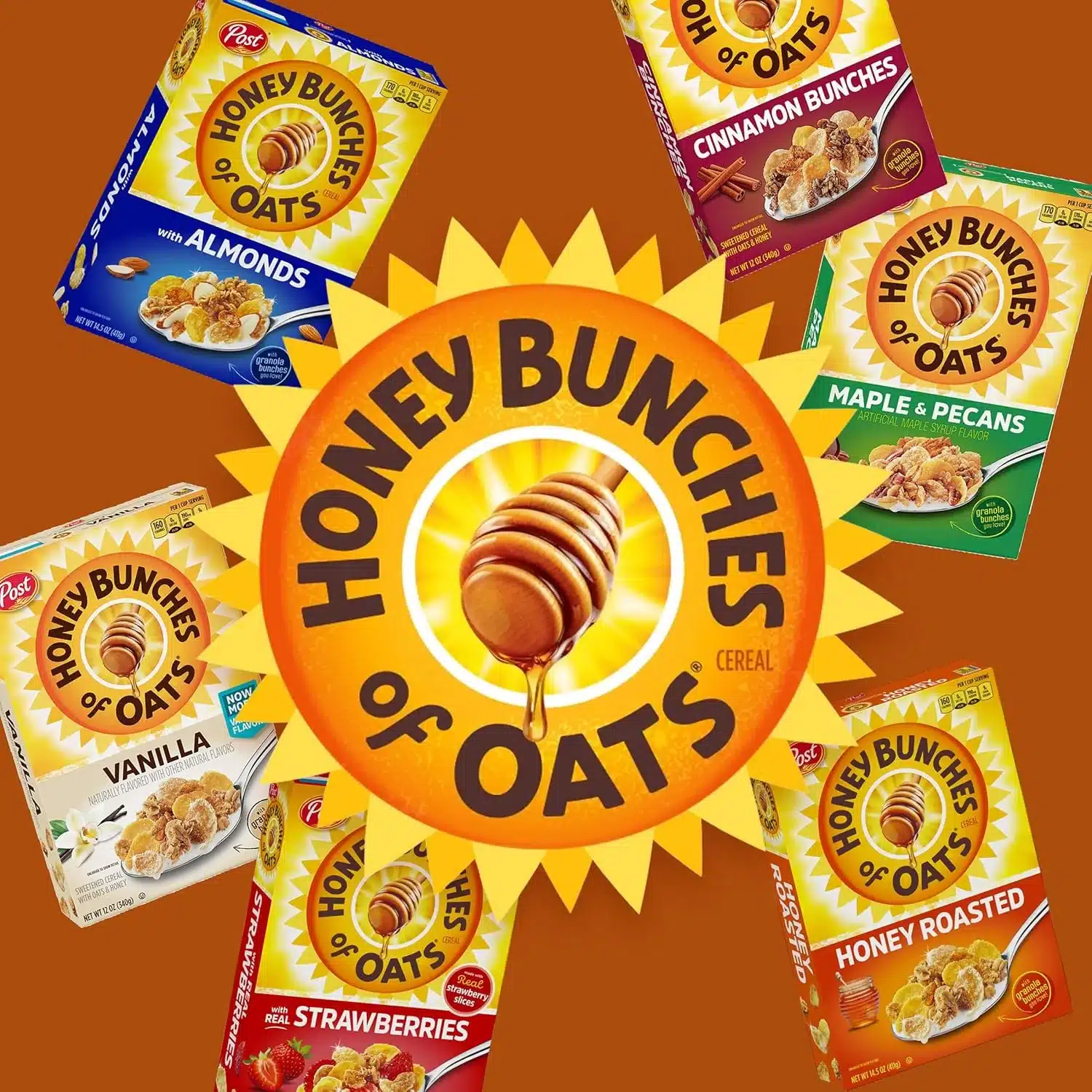 Honey Bunches of Oats cereal varieties display.