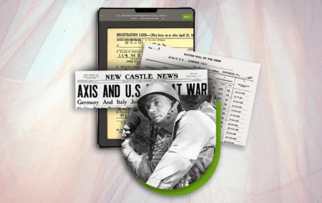 Historical documents and photos from World War II.