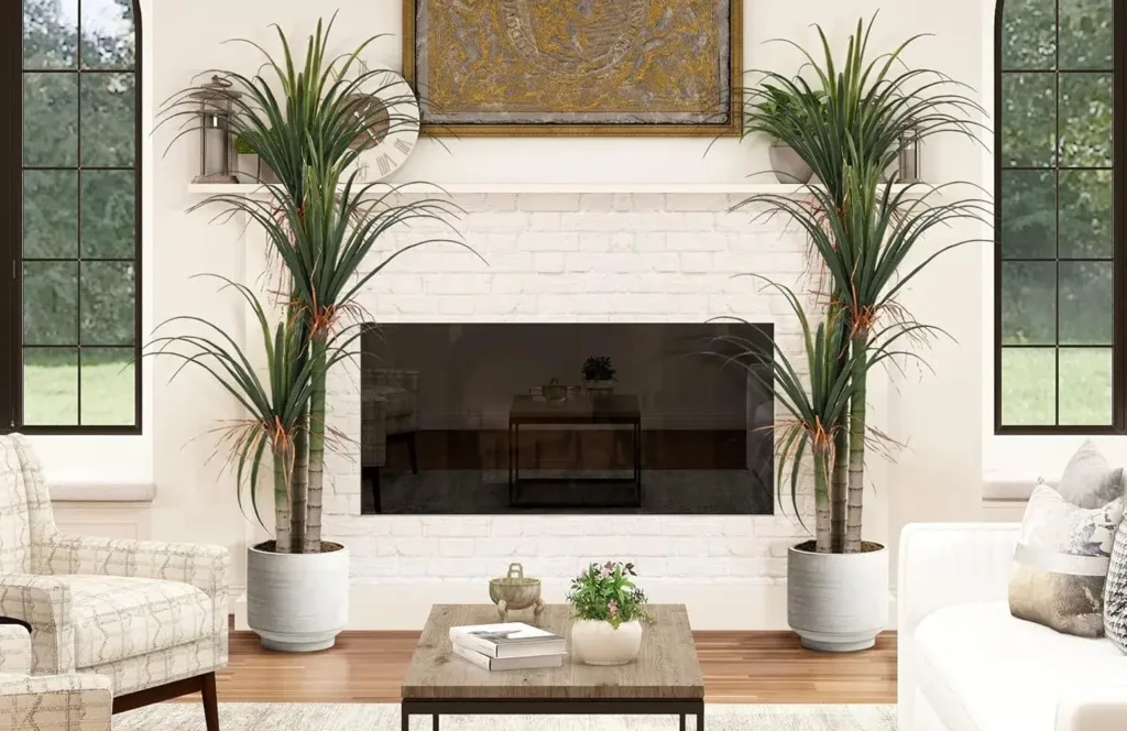 Modern living room with fireplace and plants