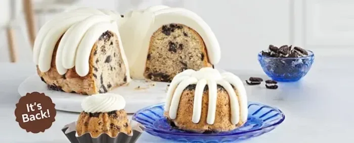 Cream cheese frosted Bundt cake with cookies and cream.