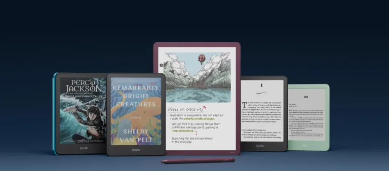 Collection of Kindle devices displaying books and notes.
