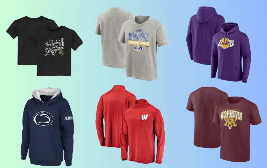 Assorted sports team apparel shirts and hoodies.