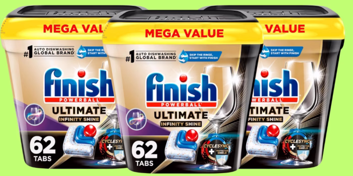 Finish dishwasher tablets, 62 count, mega value pack.
